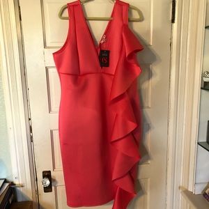 Curvy Sense Coral Bodycon Dress with Side Ruffle